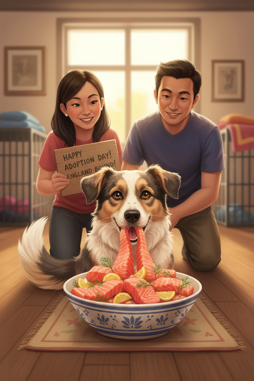 Rescue Dog Trooper Celebrates Adoption with Fancy Salmon Feast
